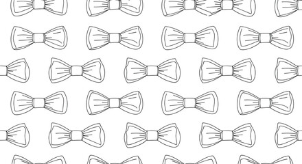A seamless black and white pattern of classic bow ties, hand-drawn in a simple outline style perfect for wallpaper or fabric.