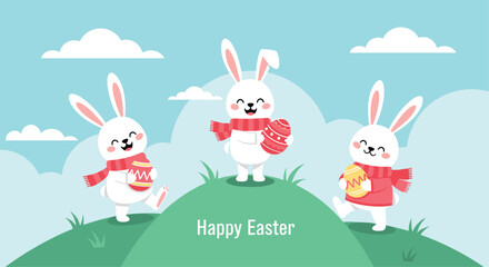Happy Easter greeting card design with three cute white rabbits wearing scarves and holding decorated eggs on a green hill.