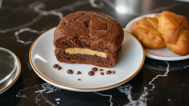 Chocolate cookie with creamy filling served on a white plate next to golden bun on elegant marble table