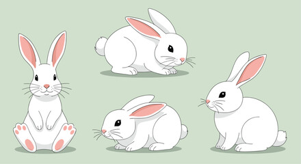 Fototapeta premium Adorable collection of four cute white rabbits with pink ears in various poses, isolated on a soft light green background.