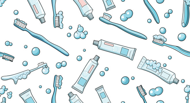 A seamless pattern related to dental hygiene, featuring toothbrushes, toothpaste, and bubbles on a clean white background.