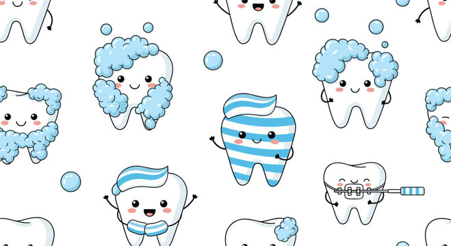 A seamless pattern of cute kawaii teeth characters showing dental hygiene concepts like brushing and washing on white background.