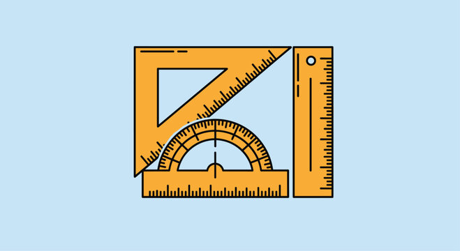 Collection of orange school geometry tools including a protractor, set square, and ruler, isolated on a light blue background.