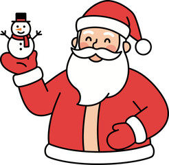 Smiling santa claus holding small snowman in his gloved hand, spreading christmas cheer and holiday spirit with a joyful expression.
