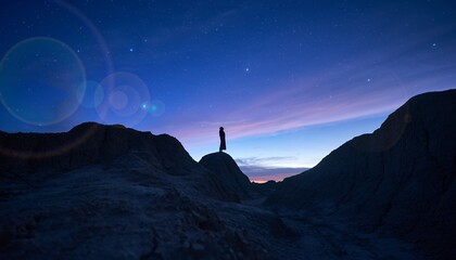 Silhouette Person Standing on Mountain Peak Under Starry Night Sky with Lens Flare