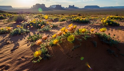 Desert Landscape with Yellow and Pink Flowers Blooming at Sunset