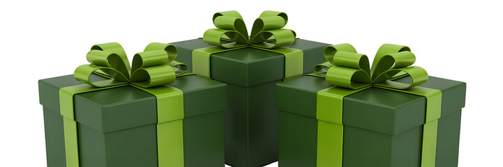 Three green gift boxes with green ribbon isolated on transparent background