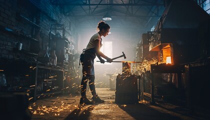 Female Blacksmith Working with Hot Metal in Industrial Workshop with Sparks and Bright Light