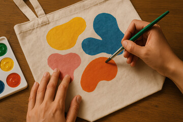 Creative hands painting an abstract colorful pattern on canvas tote bag. relaxing DIY hobby for leisure and art