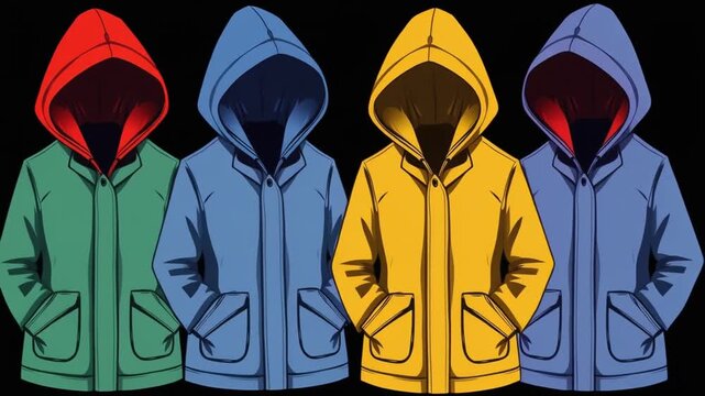 Hooded Raincoats Displayed in Rows for Fashion and Outdoor Apparel Collection