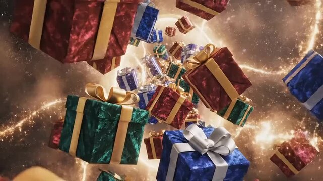 A magical egg-shaped pod bursts gently, scattering a multitude of colorful gift-ribboned boxes across an abstract spatial background.