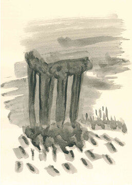Remains of ancient temple. Abandoned dilapidated antique colonnade. Mystical symbolism. Hand-drawn gray ink drawing. Old destruct building. Ancient ruin. Urban street art. Creative wallpaper.