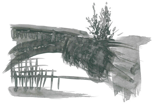 Cityscape. Abandoned dilapidated gate arch. Wall with trees growing on it. Mystical symbolism. Hand-drawn gray ink drawing. Old dilapidated building. Ancient ruin. Urban street art. Creative wallpaper