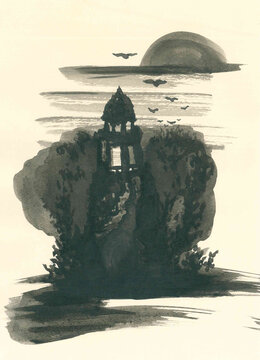 Remains of temple. Flying birds. Abandoned dilapidated chapel in the thicket. Sunset sky. Mystical symbolism. Hand-drawn gray ink drawing. Old destruct building. Ancient ruin. Creative wallpaper.