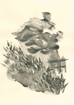 Small village house. Hillside covered with thick grass. Hand-drawn ink painting in Japanese style. Cute old building. Smooth watercolor waves texture in gray gradient on the roof. Creative wallpaper.