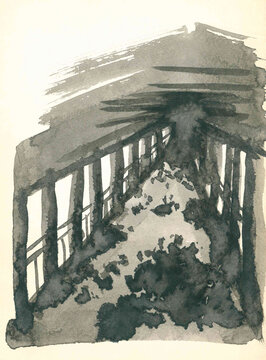 A cityscape. A long-abandoned, dilapidated hall. Tall, narrow windows. Mystical symbolism. Hand-drawn ink illustration. An old destruct building. Ancient ruins. Garbage in the house. An empty room.
