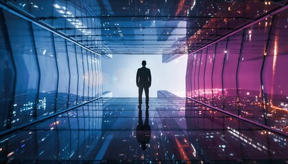 Silhouette of Businessman Standing in Futuristic Cityscape with Bright Neon Lights and Glass Skyscrapers