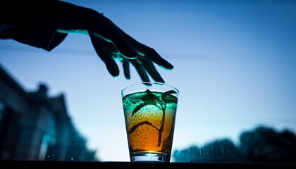 Hand Adding Ice Cubes to Colorful Tropical Drink in Glass in Sunset Outdoors
