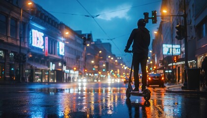 Silhouette of Person Riding Electric Scooter on Wet City Street at Night with Bright Neon Lights