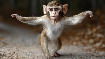 A baby monkey is standing on a dirt road with its arms outstretched. Concept of curiosity and playfulness, as the young monkey appears to be exploring its surroundings
