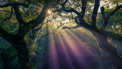 Sunlight Filtering Through Green Tree Branches in Forest Scene