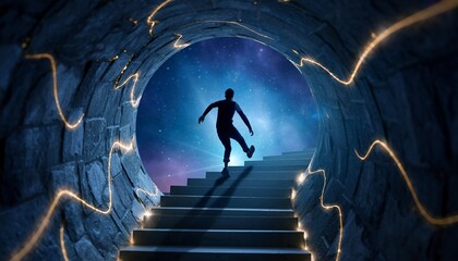 Silhouette of Person Walking Up Stairs in Mystical Cosmic Tunnel with Glowing Light Effects