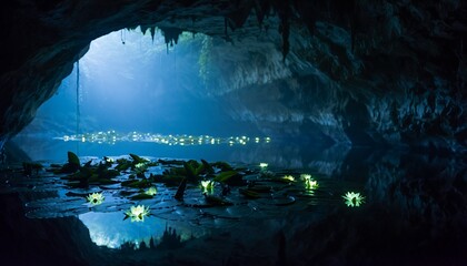Underground Cave with Water Lilies and Blue Light Natural Scenic Landscape