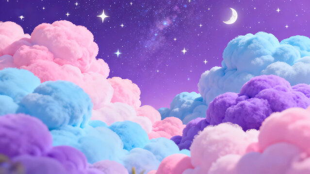 Dreamy Pink-Purple Cloud Starry Sky 3D Illustration