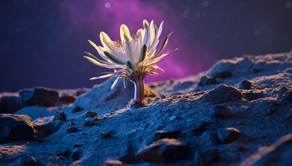 Single White Flower Blooming on Rocky Surface Under Vibrant Purple Night Sky