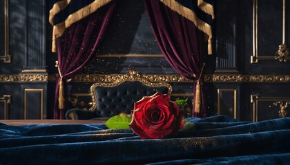 Red Rose on Luxurious Velvet Bed with Ornate Bed Frame in Elegant Bedroom