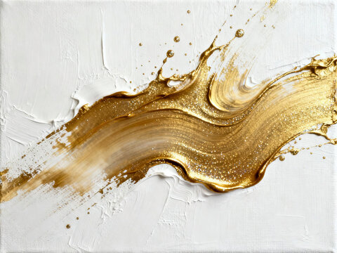 Modern art white canvas with flowing gold paint texture and pearlescent balanced composition