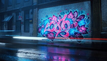 Colorful Neon Graffiti Art on Brick Wall in Urban Night Scene