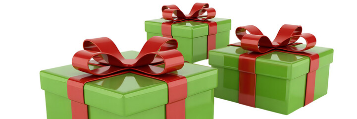 Three green gift boxes with red ribbons isolated on transparent background
