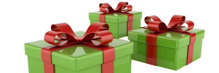 Three green gift boxes with red ribbons isolated on transparent background