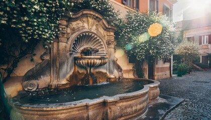Historic Stone Fountain in Sunlit European Courtyard with Blooming Plants
