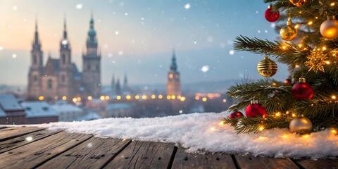 Fototapeta premium Christmas market winter holiday scene snow city lights festive tree seasonal background European Christmas atmosphere