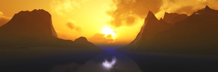 Sunset among the mountains over water, seaside mountain landscape, 3D rendering