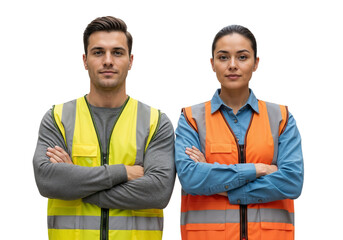 Workers stand with arms crossed in front of a white background wearing safety vests during a workday