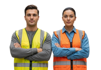 Workers stand with arms crossed in front of a white background wearing safety vests during a workday