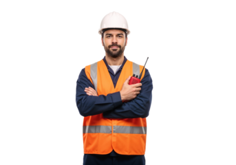 Worker in safety vest holds radio and stands with arms crossed at construction site