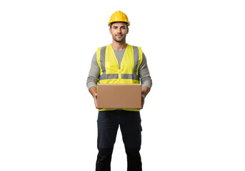 Worker in safety vest holding a cardboard box in a well-lit indoor space during afternoon work hours