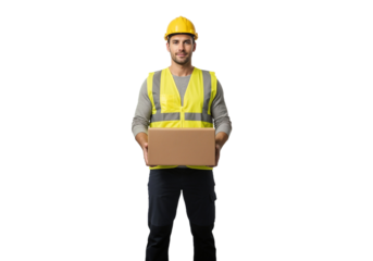 Worker in safety vest holding a cardboard box in a well-lit indoor space during afternoon work hours