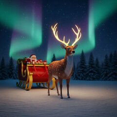 A reindeer stands illuminated in the snow pulling Santa's sleigh filled with gifts under the aurora borealis.