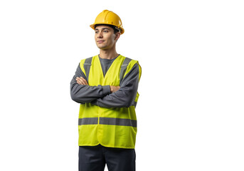 Worker in safety vest and hard hat stands confidently with arms crossed in a professional environment during work hours
