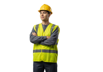 Worker in safety vest and hard hat stands confidently with arms crossed in a professional environment during work hours