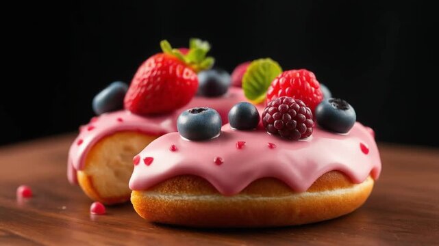 Pink frosted donut topped with fresh strawberries, blueberries and raspberries on a dark background for tempting dessert imagery