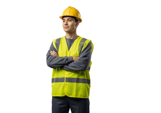 Worker in safety vest and hard hat stands confidently with arms crossed in a professional environment during work hours
