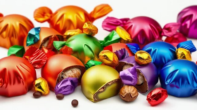 Colorful Chocolate Candy with Wrappers on White Surface, Sweet Treats, and Delightful Dessert Experience