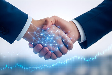Digital business partnership handshake with financial growth graph