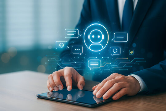 Businessman using AI chatbot customer support interface on tablet